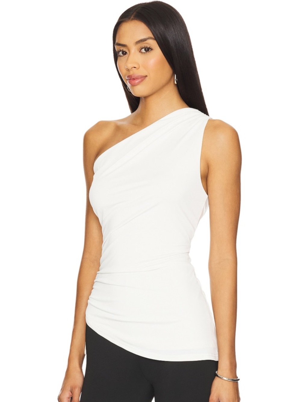One-Shoulder White Ruched Tank Top - Picture 3 of 4